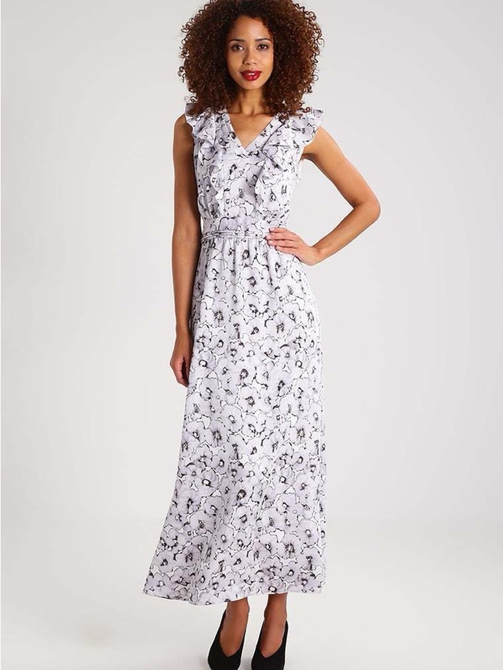 Banana Republic Gray and White Floral Ruffle V-Neck Maxi Dress